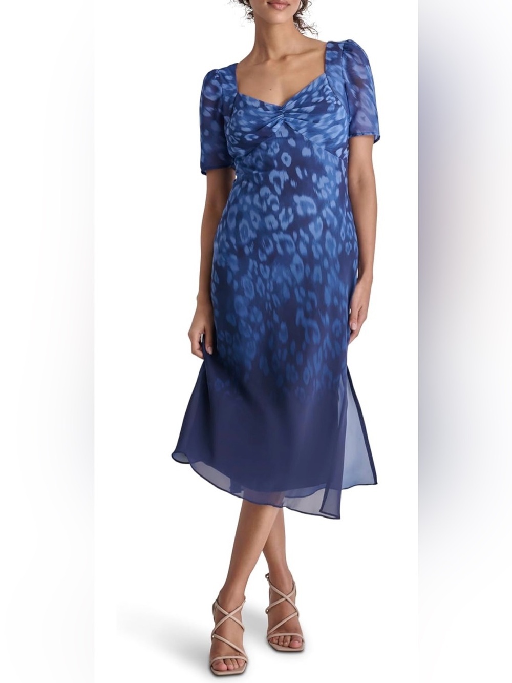 Dkny Blue Women's Short Sleeve Sweetheart Neck Lined Side Slit Midi Dress - Picture 1 of 12